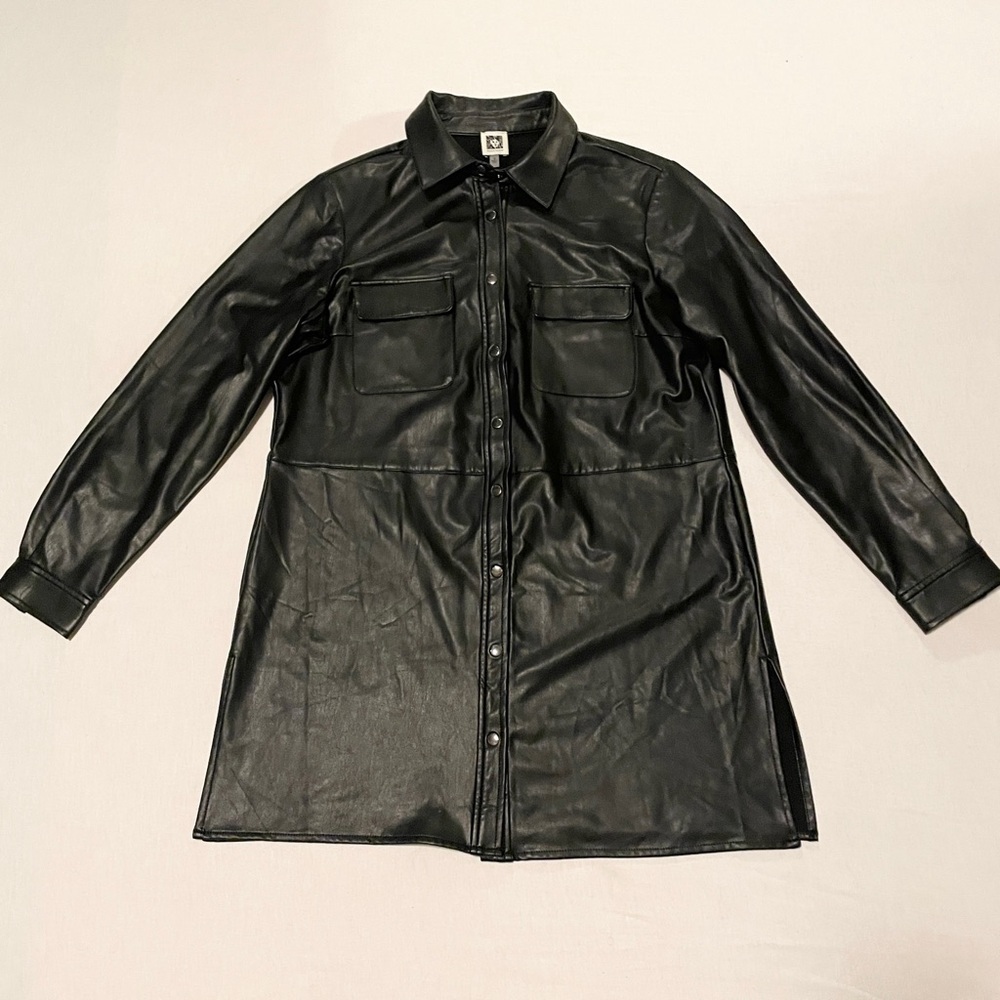Anne Klein Black Faux Leather Shacket Snap Front Longline Shirt Jacket Size M